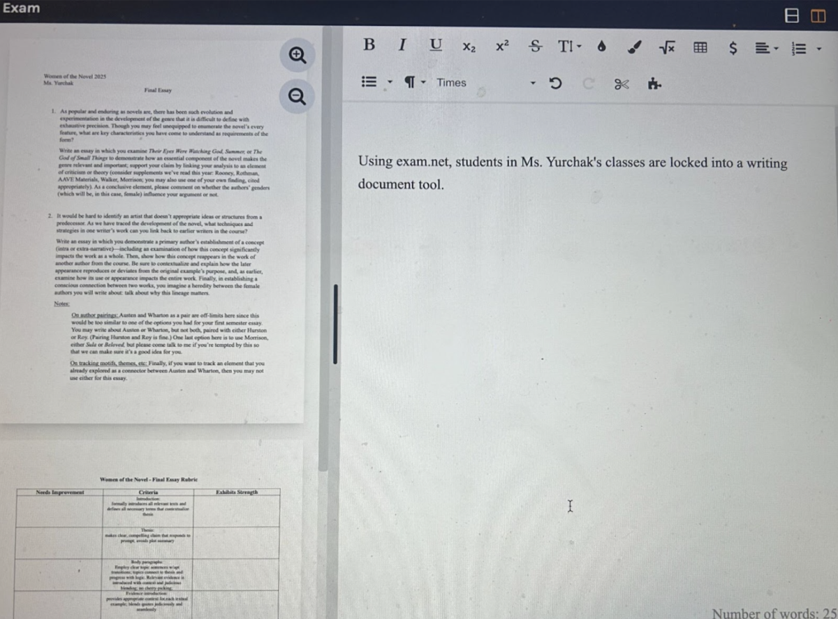 A picture of a student's screen while using Exam.net. While on the writing platform, students cannot receive messages, copy and paste, or screenshot. 